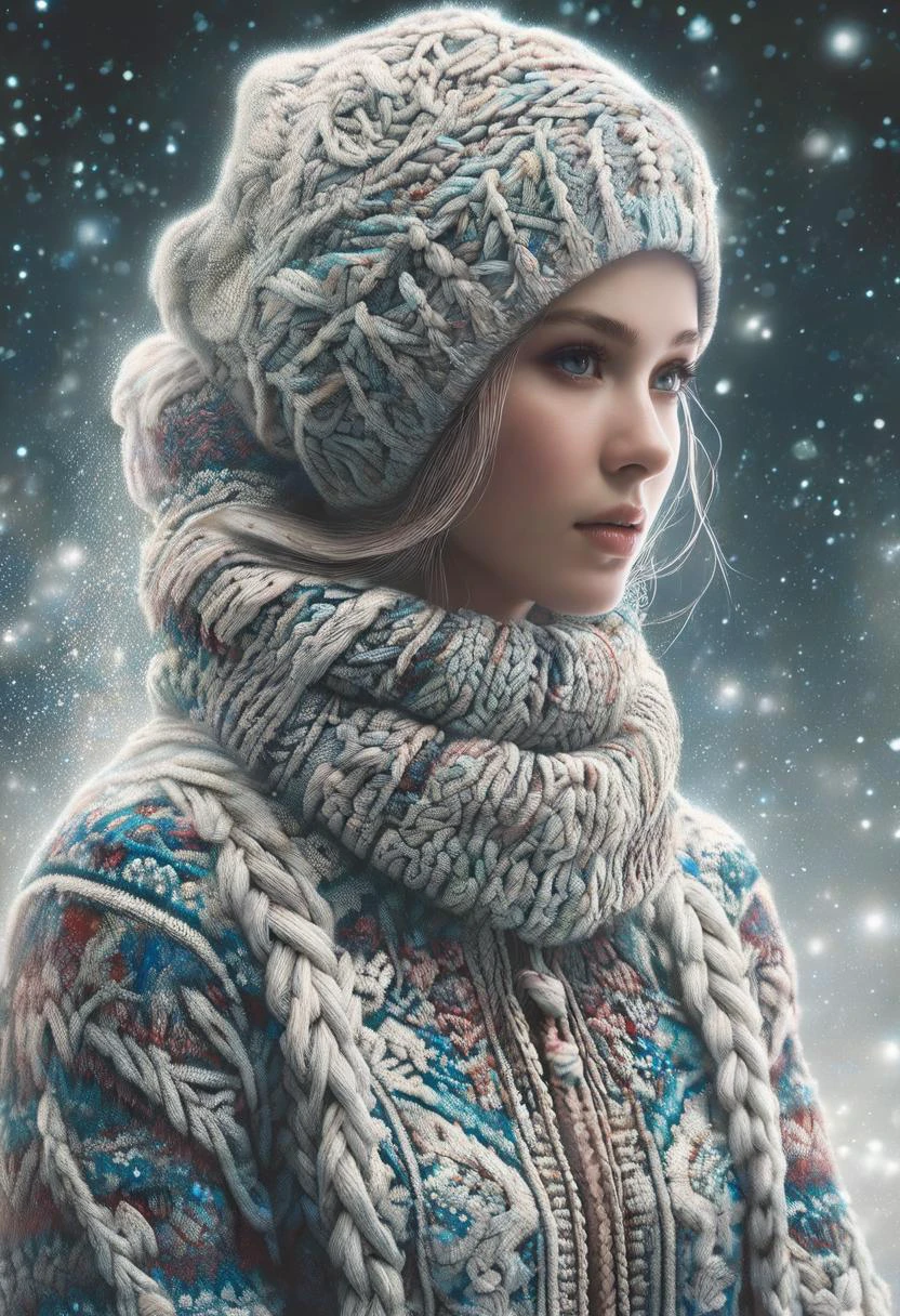 a magical winter wonderland at night, an exquisite snow maiden appears, wearing christmassweater, Her flawless figure is intricately crafted from ice crystals that sparkle in the moonlight, she stands tall amidst the frozen trees, her delicate features perfectly preserved by the frozen tundra, when approached she seems to come alive with an otherworldly ethereal glow, style of Agnes Cecile, style of Ilya Kuvshinov, <lora:SDXLChristmasSweater:1>