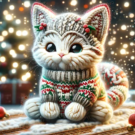 cartoon style <lora:SDXLChristmasSweater:1>,christmassweater,Highly detailed,Dynamic shot of an white kitten,kawaii,christmas backround,high quality,beautiful masterpiece,glowing sparkles,bokeh,