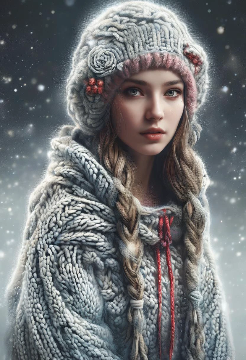 a magical winter wonderland at night, an exquisite snow maiden appears, wearing christmassweater, Her flawless figure is intricately crafted from ice crystals that sparkle in the moonlight, she stands tall amidst the frozen trees, her delicate features perfectly preserved by the frozen tundra, when approached she seems to come alive with an otherworldly ethereal glow, style of Agnes Cecile, style of Ilya Kuvshinov, <lora:SDXLChristmasSweater:1>
