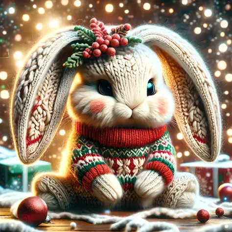 <lora:SDXLChristmasSweater:1>,christmassweater,Highly detailed,Dynamic shot of majestic adorable baby bunny,kawaii,christmas backround,high quality,beautiful masterpiece,glowing sparkles,bokeh,