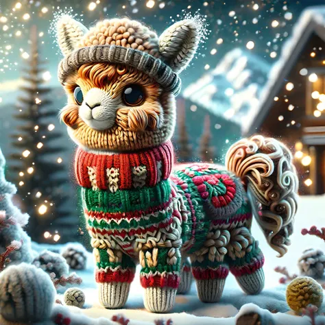 cartoon style,<lora:SDXLChristmasSweater:1>,christmassweater,Highly detailed,Dynamic shot of an adorable alpaca,kawaii,mountains backround,snow,high quality,beautiful masterpiece,glowing sparkles,bokeh,