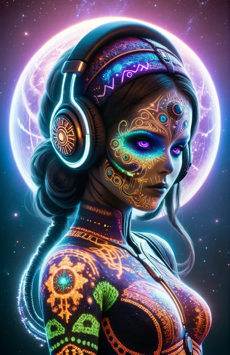 horror-themed space-themed Astral Aura, (full body view:1.4), death star, globe, winter, cold <lora:SDXLChristmasSweater:0.8> ChristmasSweater <lora:blacklight_makeup_v2:0.6> blacklight makeup, headphones, music , astral, colorful aura, vibrant energy . cosmic, celestial, stars, galaxies, nebulas, planets, science fiction, highly detailed . eerie, unsettling, dark, spooky, suspenseful, grim, highly detailed