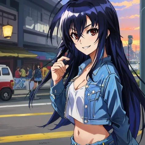 <lora:Medaka Kurokami:0.6> Medaka Kurokami, 1girl, breasts, (((long hair, Blue hair))), cleavage, large breasts, solo, smile, red eyes, Beautiful Detailed Eyes, (((crop top shirt, small jean jacket, Black Leggings, Knee Hight Boots,))) suducing stare, upper body, midriff, in a town at sunset, facing away, looking back at viewer, smile, ((Extremely Detailed)), ((Best Quality)), ((Masterpiece)), ((4k)),