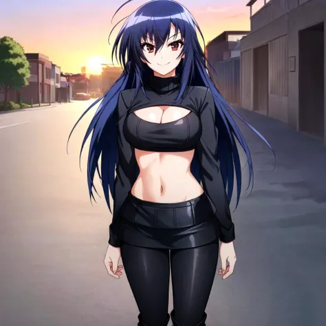 <lora:Medaka Kurokami:0.6> Medaka Kurokami, 1girl, breasts, (((long hair, Blue hair))), cleavage, large breasts, solo, smile, red eyes, Beautiful Detailed Eyes, (((Turtle Neck top, Black Leggings, Knee Hight Boots,))) suducing stare, upper body, standing in a town at sunset, smile, ((Extremely Detailed)), ((Best Quality)), ((Masterpiece)), ((4k)),