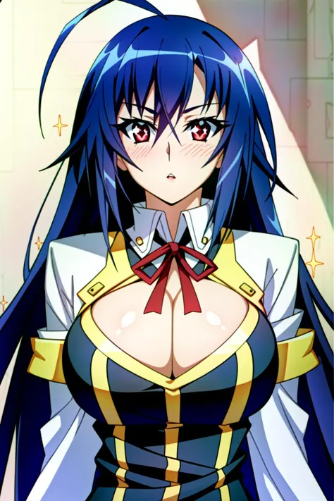 <lora:OGT_Medaka_Kurokami-v2:0.7> (extremely detailed CG unity 4k wallpaper),(masterpiece),(best quality),(ultra-detailed),(best illustration),(best shadow),(absurdres),(detailed background), Medaka Kurokami, 1girl, solo, breasts, long hair, cleavage, blue hair, blush, ahoge, large breasts, red eyes, parted lips, sparkle