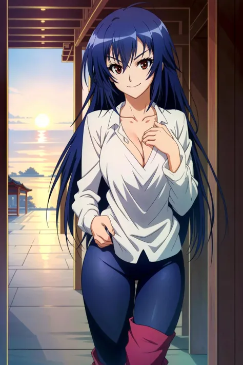 (extremely detailed CG unity 8k wallpaper),(masterpiece),(best quality),(ultra-detailed),(best illustration),(best shadow),(absurdres), <lora:Medaka Kurokami:0.6> Medaka Kurokami, 1girl, breasts, long hair, blue hair, cleavage, large breasts, solo, smile, looking at viewer, red eyes, Beautiful Detailed Eyes, (((Shoulderless Blouse, Leggings, Knee Hight Boots, hands behind back,))) suducing stare, upper body, large breasts, Standing by a shrine at sunset, smile, ((shonen style)), (detailed background, intricate background:1.1), beautiful