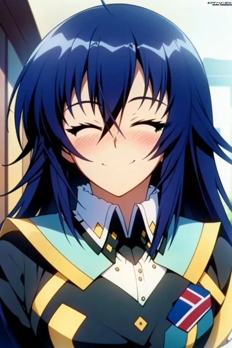 (extremely detailed CG unity 4k wallpaper),(masterpiece),(ultra quality),(ultra-detailed),(best illustration),(best shadow),(absurdres),(detailed background),<lora:OGT_Medaka_Kurokami-v2:1>, Medaka Kurokami, blue hair, 1girl, solo, long hair, closed eyes, blue hair, blush, close-up, closed mouth, smile