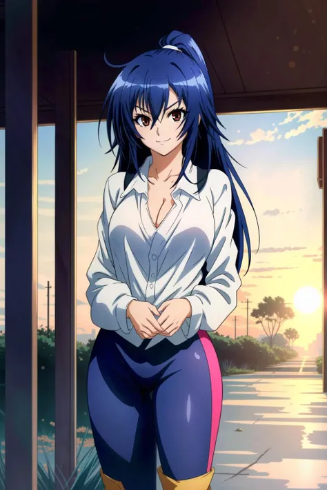 (extremely detailed CG unity 8k wallpaper),(masterpiece),(best quality),(ultra-detailed),(best illustration),(best shadow),(absurdres), <lora:Medaka Kurokami:0.6> Medaka Kurokami, 1girl, breasts, long hair, blue hair, cleavage, large breasts, solo, smile, looking at viewer, red eyes, Beautiful Detailed Eyes, (((Shoulderless Blouse, Leggings, Knee Hight Boots, hands behind back,))) suducing stare, upper body, large breasts, Standing by a shrine at sunset, smile, ((shonen style)), (detailed background, intricate background:1.1), beautiful