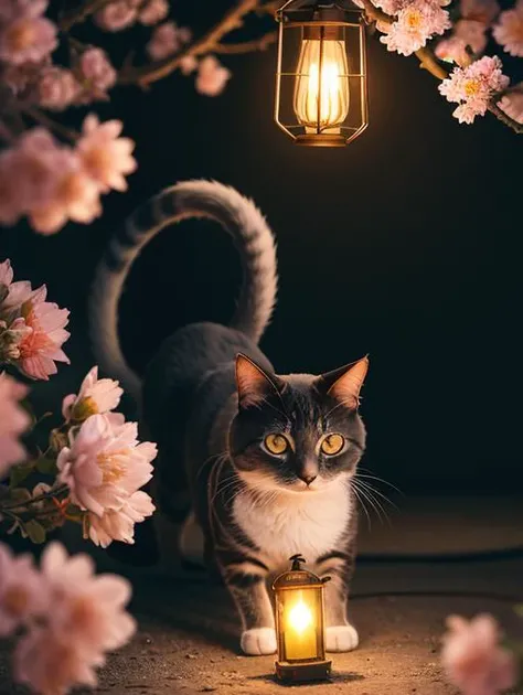 a cat looking to the lighted lantern on a pink blossom, in the style of naturalist aesthetic, reimagined by industrial light and magic, light amber, caninecore, anime aesthetic, slim aarons, combining natural and man-made elements