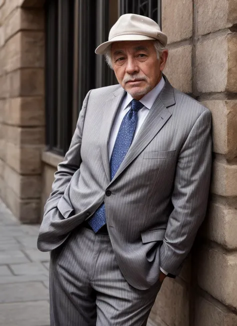 HDR, 8K resolution, intricate detail, sophisticated detail, depth of field, photorealistic, sharp focus, (1man), (male:1.2), wrinkled face, (middle-aged:1.2), aged up, finely detailed eyes and face, toned body, frail appearance, the physical toll of aging, sense of authority and wisdom, sun-kissed skin, leaning against a wall with one hand on chin, gray pinstripe suit, white dress shirt, solid gray tie, black cap-toe shoes, <lora:add_detail:0.85>,