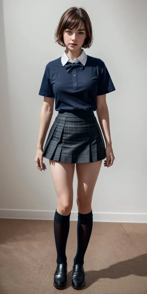 (8k, RAW photo, best quality, masterpiece:1.2), (realistic, photo-realistic:1.37), ultra-detailed,(detailed beautiful girl:1.4),1 girl, <lora:JP SCHOOL UNIFORM:0.5>JP SCHOOL UNIFORM,22 years old,(dark check skirt),looking at viewer,((full body shot)),short hair