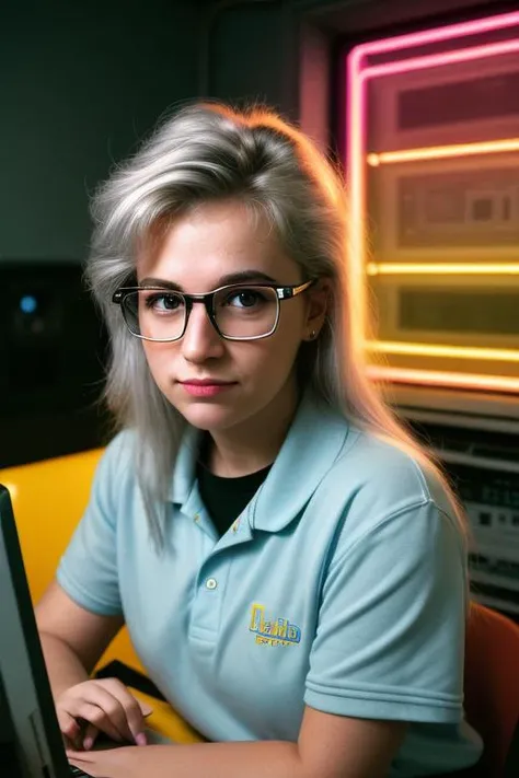 Masterpiece, epic quality, 8K RAW photo, epic detail, very detailed, 80s, 80s setting, neon background light, photograph of a 30 years old nerdy girl, in a dark room, behind a old Windows 95, desktop computer, blond grey hair, unwashed hair, sticky hair, big nerd glasses, pimple face, ACNE face, full with pimples, face full with warts, very bad skin, dry broken lips, very geeky, ver nerdy, nerdy old fashion clothing,