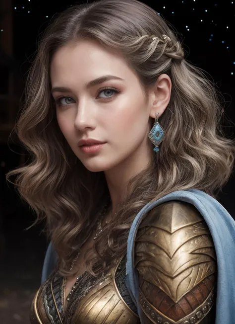 HDR, 8K resolution, intricate detail, sophisticated detail, photorealistic, street fashion photography of woman, Brigandine Armor, Enchantress, Short, Thin, Round Face, Olive Skin, Silver Hair, ice blue Eyes, Narrow Nose, Full Lips, Receding Chin, Long Hair, Fine Hair, Bouncy Curls, reflective armor, Huggie earrings, gloss satin lipstick, at Celestial Star Temple with Glowing Constellations and Celestial Statues, <lora:quickfix:1>