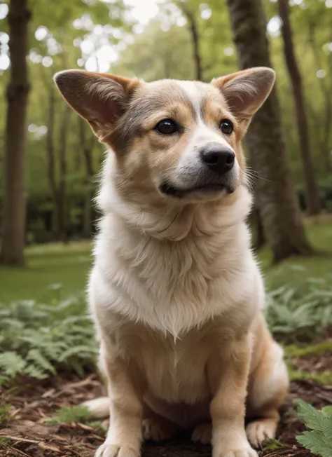HDR, 8K resolution, intricate detail, sophisticated detail, photorealistic, closeup photo of a majestic Corgipoo, at enchanted arboretum, sentient trees, harmonious melodies, sacred grove of nature