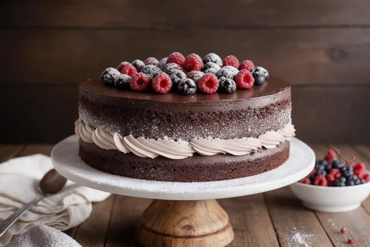 Closeup shot of a delectable chocolate cake, adorned with vibrant berries and a dusting of powdered sugar, artfully presented on a rustic wooden table. Soft natural lighting highlights the cake's texture and rich colors. Taken with a Nikon D850, inspired by the culinary photography style of Yossy Arefi