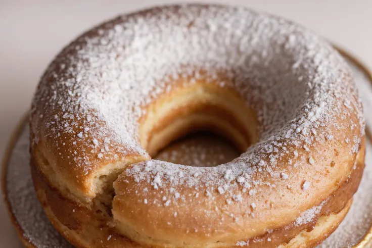 Macro shot of a Delicious donut, powdered sugar, close-up, golden brown, mouthwatering, soft lighting, Canon EOS 5D Mark IV, in style of Annie Leibovitz