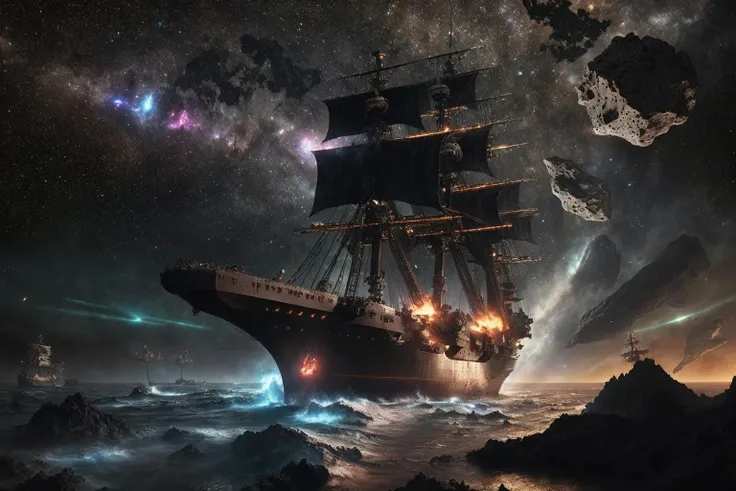 from side heavy capital class battleship medival pirate ship in a nebula (asteroid field:1.2) action camera view epic render Style-Volumetric (zrpgstyle) (masterpiece:1.2) (illustration:1.2) (best quality:1.2) (detailed) (intricate) (8k) (HDR) (cinematic lighting) (sharp focus)
