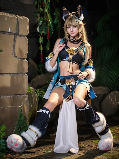 medium shot a stunning detailed background (An ancient temple ruins in a dark forest, moonlight,midnight, dark, )standing in a dark room, mid age, milf, dark theme,masterpiece, best quality, realistic, photo of fit sexy 30 year oldgirl(huge breasts:1.5), ( beautiful very long (Golden blonde) Half-up, half-down romance hair:1.5, Berry lips,) flicked, detailed face,:1.5 detailed body, full body, intricate, High Detail, Sharp focus (perfect female form, perfect face:1.5, beautiful eyes,:1.5 eyeliner, expressive eyes, calm expression), light sensual smile, ,smooth skin,navel ( ((perfect eyes)), (detailed pupils) depth of field,elaborate embroidery\\n(((medium shot))) (realistic:1.5) midriff, abs, deep cleavage:1.5 <lora:kirara:0.8>kirara_genshin, beautiful face, sweet girl,(cowboy shot), hair ornament, cat ears, blonde long hair, green eyes, detached sleeves, kirara's upshirt, stomach cutout, kirara's short skirt, two cat tails, bare legs,(black leg warmers), ((white fur-trimmed cat feet shoe covers)),