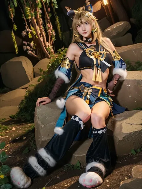 medium shot a stunning detailed background (An ancient temple ruins in a dark forest, moonlight,midnight, dark, )standing in a dark room, mid age, milf, dark theme,masterpiece, best quality, realistic, photo of fit sexy 30 year oldgirl(huge breasts:1.5),  ( beautiful very long (Golden blonde) Half-up, half-down romance hair:1.5,  Berry lips,) flicked, detailed face,:1.5 detailed body, full body, intricate, High Detail, Sharp focus  (perfect female form, perfect face:1.5, beautiful eyes,:1.5 eyeliner, expressive eyes, calm expression), light sensual smile, ,smooth skin,navel  (   ((perfect eyes)), (detailed pupils) depth of field,elaborate embroidery\\n(((medium shot))) (realistic:1.5)     midriff, abs, deep cleavage:1.5  <lora:kirara:0.8>kirara_genshin, beautiful face, sweet girl,(cowboy shot), hair ornament, cat ears, blonde long hair, green eyes, detached sleeves, kirara's upshirt, stomach cutout, kirara's short skirt, two cat tails, bare legs,(black leg warmers), ((white fur-trimmed cat feet shoe covers)),