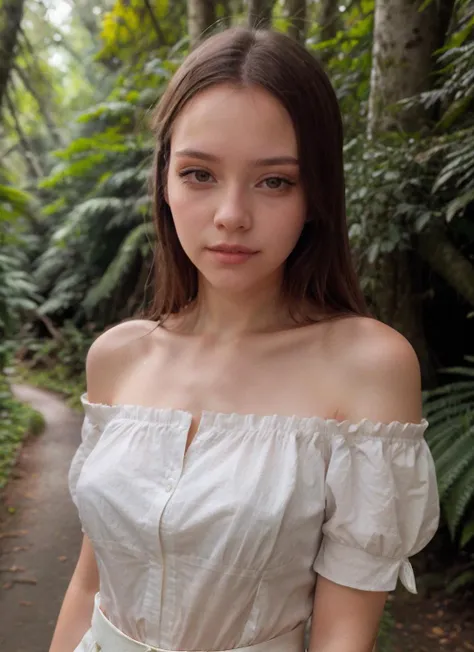 portrait of 1girl, wearing Puffed shoulder blouse, at forest, thick foliage, tall trees, peaceful, Kat3Kuray,  <lora:Kat3Kuray:0.8>