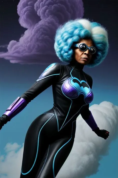 a mature 70 year old black very old woman in black and blue 50's superhero clothes, white small afro, flying in the air, energetic aura, surrounded by purple clouds, highly detailed masterpiece, 70's retrowave victorain scifi psychedelic, nvg