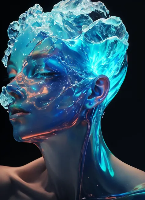 (masterpiece:1.3), (best quality:1.2), (intricate detailed:1.2), (hyperrealistic:1.2), (professional photograpy:1.1), highly detailed, absurd res, 1girl, Fluid forms of a cosmic entity in the style of James Nares, intense interplay of light and shadows, close up portrait, biomorphic portraiture, abstract and obscure, liquid translucency, bold use of negative space, flowing and solid, clean lines, minimalism, (dramatic lighting:1.1), portrait, made of colorful pulled stretched splashed translucent liquid, stained-glass, translucent iridescent bioluminescent, (liquid ice:1.2), (fashion photography:1.1)