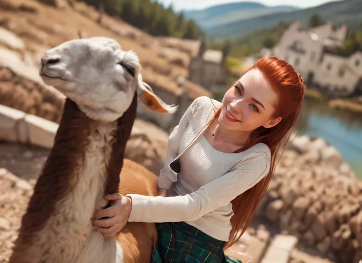 (masterpiece:1.3), (best quality:1.2), (intricate detailed:1.2), (hyperrealistic:1.2), (professional photograpy:1.1), highly detailed, absurd res, 1girl, redhead, long hair, beautiful hld_woman, perfect hld_face, perfect hld_body, riding on llama, smiling, sunny day, fcHeatPortrait, Style-Kilt, <lora:hld:1> <lora:GoodHands-vanilla:1>
