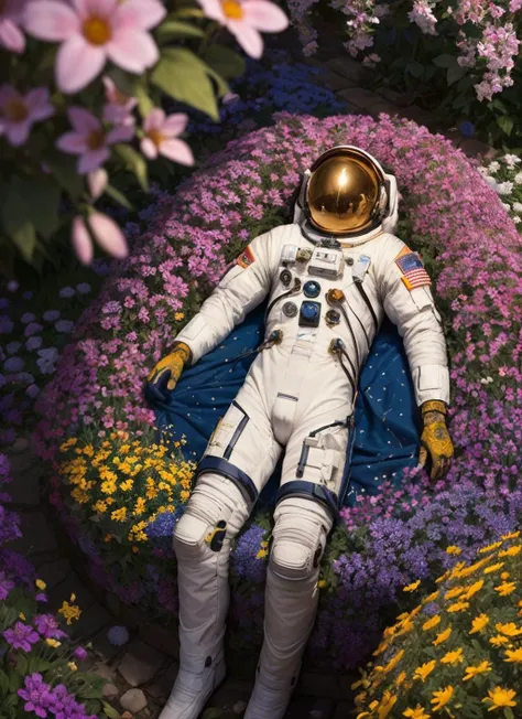 (masterpiece:1.3), (best quality:1.2), (intricate detailed:1.2), (hyperrealistic:1.2), (professional photograpy:1.1), highly detailed, absurd res, An astronaut laying down in a bed of millions of vibrant, colorful flowers and plants, photoshoot, 8k, no border, ornamental, galaxy background