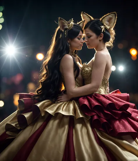 RAW paparazzi photo flamboyant 2women, cat ears, caucasian, <lora:edgFantasyGown:0.8> edgFD, edgFD_ballgown, ballgown, fantasy_dress, huge fox ears, sexually inviting display of ass to crowd, flat chest, ray tracing,detail shadow,shot on Fujifilm X-T4,85mm,f1.2,sharp focus,depth of field,blurry background,bokeh,lens flare  <lora:DETAIL_SLIDER_BY_STABLE_YOGI:0.7>