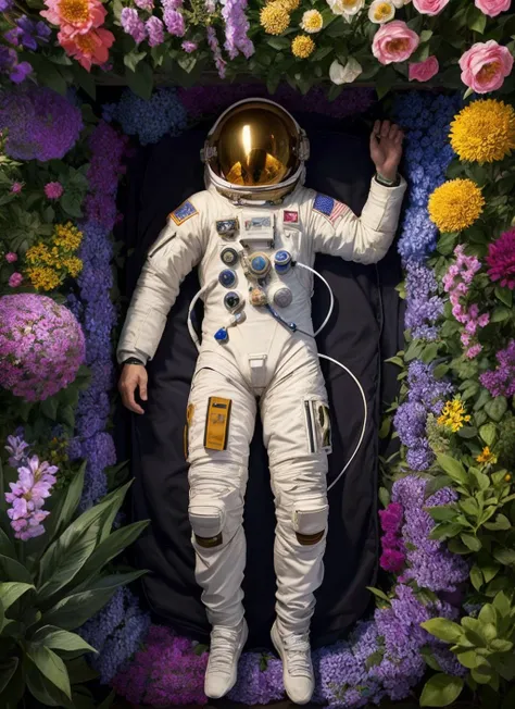 (masterpiece:1.3), (best quality:1.2), (intricate detailed:1.2), (hyperrealistic:1.2), (professional photograpy:1.1), highly detailed, absurd res, astronaut suit, An astronaut laying down in a bed of millions of vibrant, colorful flowers and plants, photoshoot, 8k, ornamental, galaxy background
