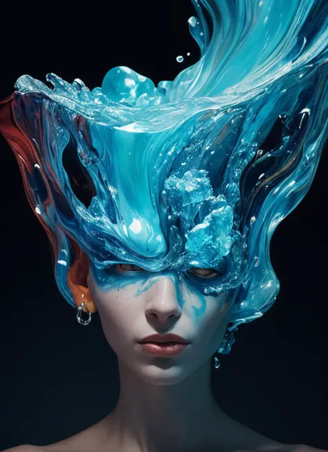 (masterpiece:1.3), (best quality:1.2), (intricate detailed:1.2), (hyperrealistic:1.2), (professional photograpy:1.1), highly detailed, absurd res, 1girl, Fluid forms of a cosmic entity in the style of James Nares, intense interplay of light and shadows, close up portrait, biomorphic portraiture, abstract and obscure, liquid translucency, bold use of negative space, flowing and solid, clean lines, minimalism, (dramatic lighting:1.1), portrait, made of colorful pulled stretched splashed translucent liquid, stained-glass, translucent iridescent bioluminescent, (liquid ice:1.2), (fashion photography:1.1)