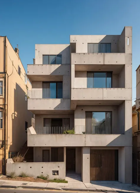 (masterpiece:1.3), (best quality:1.2), (intricate detailed:1.2), (hyperrealistic:1.2), (professional photograpy:1.1), highly detailed, absurd res, exterior architectural photography of a house that is constructed out of concrete, in the style of haifa zangana, ossip zadkine, terraced cityscapes, harvey stein, earthy naturalism, multilayered