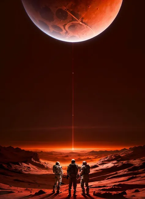 (masterpiece:1.3), (best quality:1.2), (intricate detailed:1.2), (hyperrealistic:1.2), (professional photograpy:1.1), highly detailed, absurd res, Astronauts silhouetted against the red mars sky: a powerful image featuring the silhouettes of the main characters standing against the backdrop of the vibrant red Martian sky. it conveys the sense of awe, adventure, and the vastness of space.