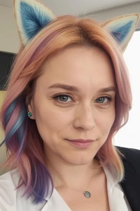 Photo of Andresca,rainbow colored hair, dynamic angle,office lady,slender,fox ears,