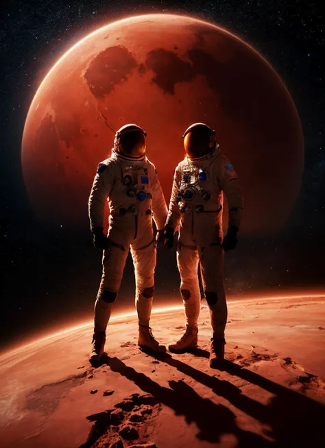 (masterpiece:1.3), (best quality:1.2), (intricate detailed:1.2), (hyperrealistic:1.2), (professional photograpy:1.1), highly detailed, absurd res, full body shot of a pair of Astronauts silhouetted against the red mars sky: a powerful image featuring the silhouettes of the main characters standing against the backdrop of the vibrant red Martian sky. it conveys the sense of awe, adventure, and the vastness of space.