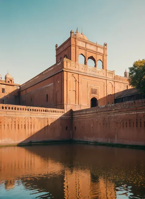 (masterpiece:1.3), (best quality:1.2), (intricate detailed:1.2), (hyperrealistic:1.2), (professional photograpy:1.1), highly detailed, absurd res, exterior architectural photography of a fort of jaipur on a small lake, in the style of dimitry roulland, elaborate gilding, 32k uhd, neoclassical symmetry, studyblr, golden hues, gediminas pranckevicius