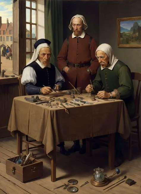 (masterpiece:1.3), (best quality:1.2), (intricate detailed:1.2), (hyperrealistic:1.2), (professional photograpy:1.1), highly detailed, absurd res, Old watchmaker, a table full of watch gears and tools, painting by Pieter Bruegel the Elder
