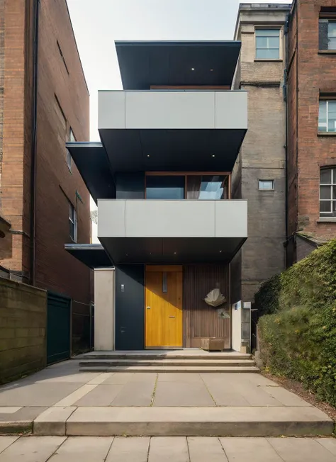 (masterpiece:1.3), (best quality:1.2), (intricate detailed:1.2), (hyperrealistic:1.2), (professional photograpy:1.1), highly detailed, absurd res, architectural photography of a long building with two sets of stairs on the side, bloomsbury group, cubist faceting, karl blossfeldt, carlo scarpa, louis wain, photo, design by Le Corbusier