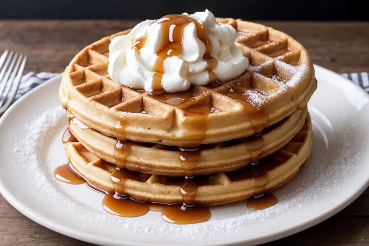 Close-up photo of a golden-brown, perfectly crisp and fluffy waffle, topped with a generous dollop of whipped cream, a drizzle of rich maple syrup, and a sprinkle of fresh berries. The waffle has deep grid marks and a slight caramelization on its edges. The whipped cream forms soft peaks, and the syrup glistens under the warm lighting. The image captures the inviting texture and mouthwatering presentation of the waffle, evoking a sense of indulgence and comfort. (food photography:1.2) (close-up shot:1.1) (mouthwatering:1.1) (warm lighting:1.1) (delicious:1.2) (fluffy texture:1.1) (tempting treat:1.1)