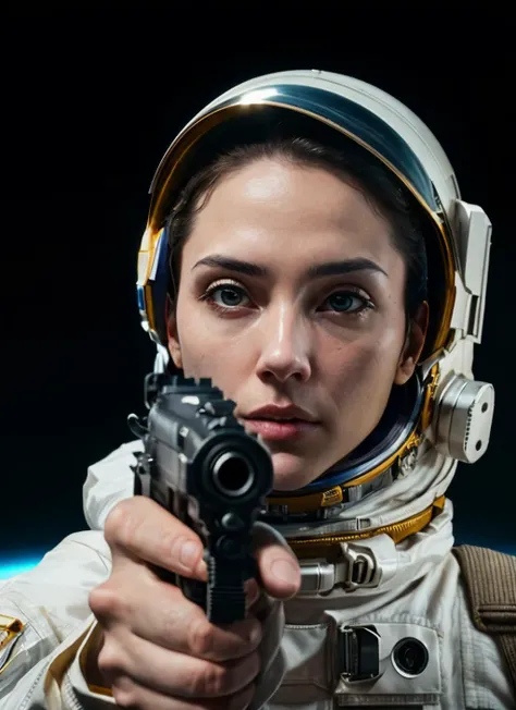 (masterpiece:1.3), (best quality:1.2), (intricate detailed:1.2), (hyperrealistic:1.2), (professional photograpy:1.1), highly detailed, absurd res, ((looking at viewer)), portrait an astronaut in space, reflective helmet, <lora:pointinggun:0.5>, gunatyou, gun, pistol, aiming at viewer, holding gun, best quality, 8k, HDR, grainy, highest detailed, fcPortrait