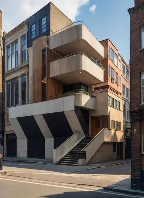 (masterpiece:1.3), (best quality:1.2), (intricate detailed:1.2), (hyperrealistic:1.2), (professional photograpy:1.1), highly detailed, absurd res, architectural photography of a long building with two sets of stairs on the side, bloomsbury group, cubist faceting, karl blossfeldt, carlo scarpa, louis wain, photo, design by architects
