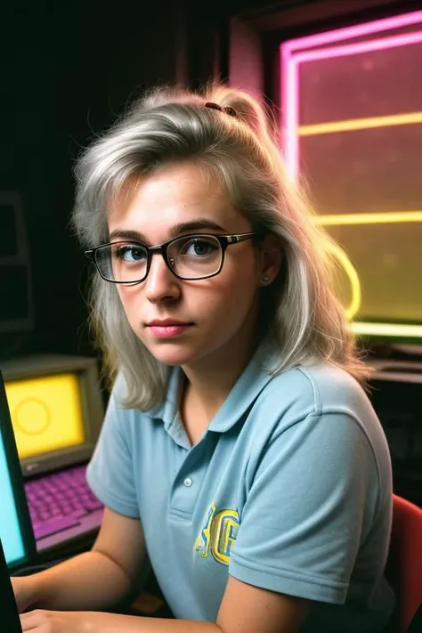 Masterpiece, epic quality, 8K RAW photo, epic detail, very detailed, 80s, 80s setting, neon background light, photograph of a 30 years old nerdy girl, in a dark room, behind a old Windows 95, desktop computer, blond grey hair, unwashed hair, sticky hair, big nerd glasses, pimple face, ACNE face, full with pimples, face full with warts, very bad skin, dry broken lips, very geeky, ver nerdy, nerdy old fashion clothing,