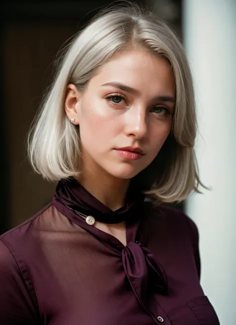 (portrait, Heiress, Short, Fit, Diamond-Shaped Face, Fair Skin, White Hair, silver Eyes, Narrow Nose, Full Lips, Round Chin, Wavy Hair, Straight Bob, burgundy lipstick, A button-down dress with a neck scarf and sneakers, frowning, effect light, cool light, Fill the Frame, Focal Point) , Nikon F3, 50mm f/1.4, 1/125s, ISO 200, Kodak Ektachrome