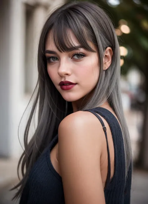 portrait of girl with grey hair, grey eyebrows, long soft shag hair with wispy bangs, dark lipsticks, looking at viewer, wearing Dark blue, Hasselblad X2D 100C photography, 50mm f/1.4