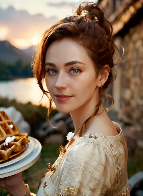 (masterpiece:1.3), (best quality:1.2), (intricate detailed:1.2), (hyperrealistic:1.2), (professional photograpy:1.1), highly detailed, absurd res, closeup portrait, cute girl, beautiful hld_woman, perfect hld_face,  looking at viewer, smiling, clear pupils, ponytail hairstyle, wearing minidress, (holding up a waffle:1.2), magical, (golden hour:1.2), Scottish highlands background, mountain, grass, <lora:hld:1>, (fcPortrait:1.1), (Style-Kilt:0.9)