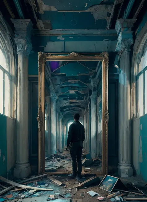 (masterpiece:1.3), (best quality:1.2), (intricate detailed:1.2), (hyperrealistic:1.2), (professional photograpy:1.1), highly detailed, absurd res, a photo of a silhouette, in a abandoned spaces, hypnotic symmetry, juxtaposed imagery, science-fiction dystopias, hall of mirrors,