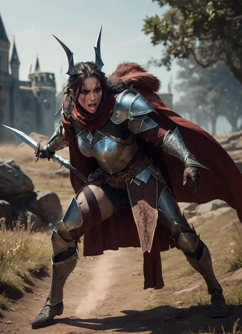 (masterpiece:1.3), (best quality:1.2), (intricate detailed:1.2), (hyperrealistic:1.2), (professional photograpy:1.1), highly detailed, absurd res, full body portrait, action shot, action pose, 1girl, (angry512:0.9), dark skin, woman druid knight, full suit of bone armor, chest plate, pelt cape, Tolkien fantasy, ancient background, fcPortrait