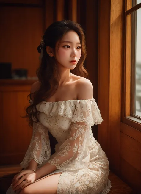 (masterpiece:1.3), (best quality:1.2), (intricate detailed:1.2), (hyperrealistic:1.2), (professional photograpy:1.1), highly detailed, absurd res, 1girl, asian, sitting, pretty, long hair, off shoulder dress, earrings, (looking away:1.3), candid shot, elegantly formal