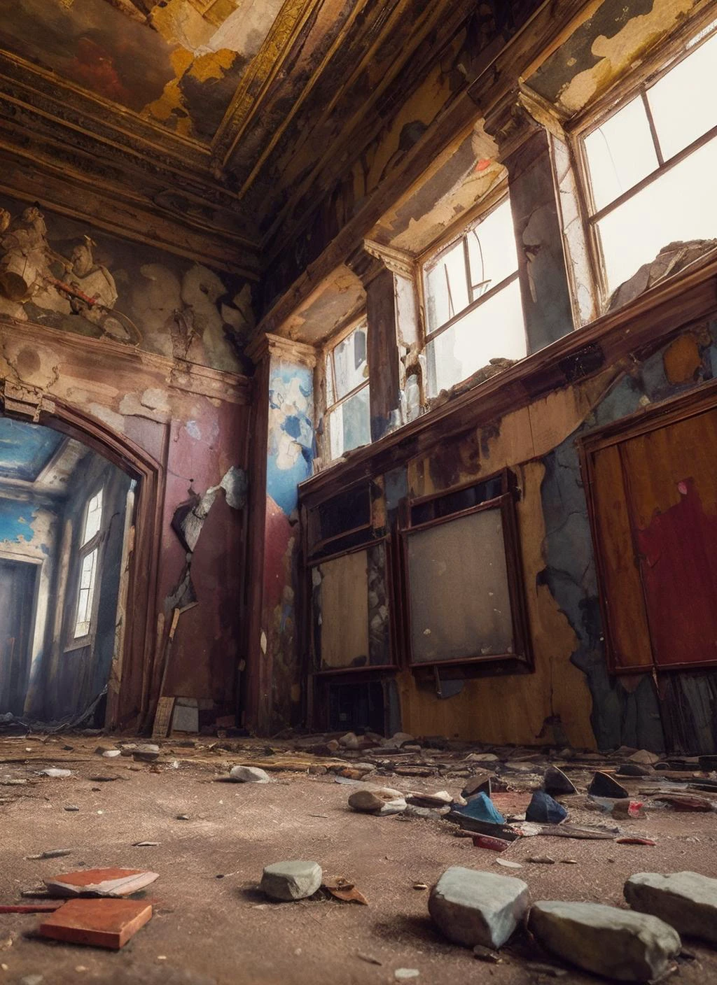 (masterpiece:1.3), (best quality:1.2), (intricate detailed:1.2), (hyperrealistic:1.2), (professional photograpy:1.1), highly detailed, absurd res, interior abandoned factory with broken stones and statues, water, chiaroscuro, painting with splatters, 8k, cinematic, hyperrealism, high details, <lora:Elixir:1>
