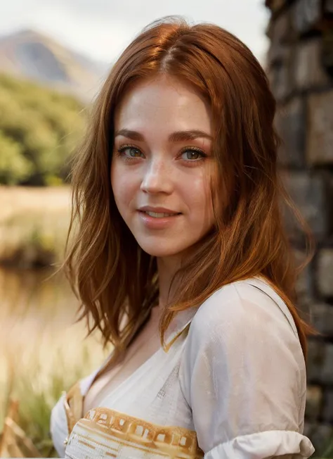 RAW Photo, DSLR, professional color graded, BREAK (masterpiece:1.3), (best quality:1.2), (intricate detailed:1.2), (hyperrealistic:1.2), (professional photograpy:1.1), highly detailed, absurd res, closeup portrait, pretty redhead girl, (laughing:0.8), beautiful hld_woman, (perfect hld_face:0.8), looking at viewer, smiling, wearing minidress, (holding up a waffle:1.25), magical, (golden hour:1.2), Scottish highlands background, mountain, grass, <lora:hld:1>, (fcPortrait:1.1), (Style-Kilt:0.9),